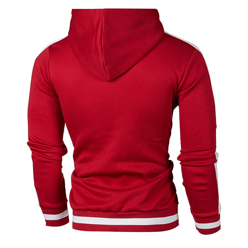 Red men's zipper sports casual hoodie with striped sleeves, stylish and soft cotton-poly blend fabric, back view of hoodie SF1224.