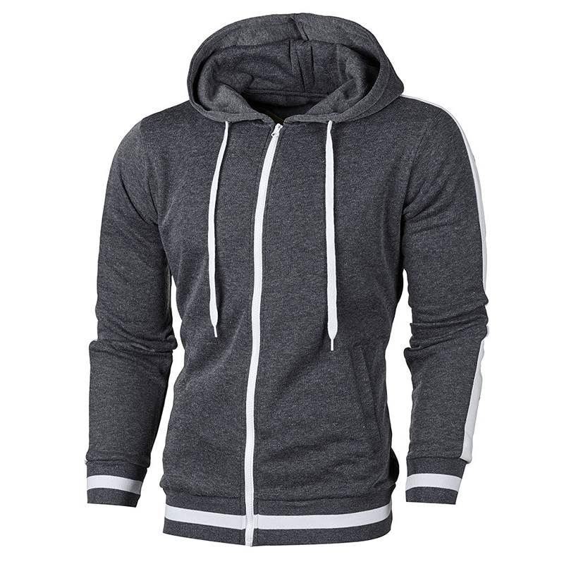 Men's dark gray sports hoodie with white zipper and striped sleeves, designed for comfort and style; perfect for workouts.