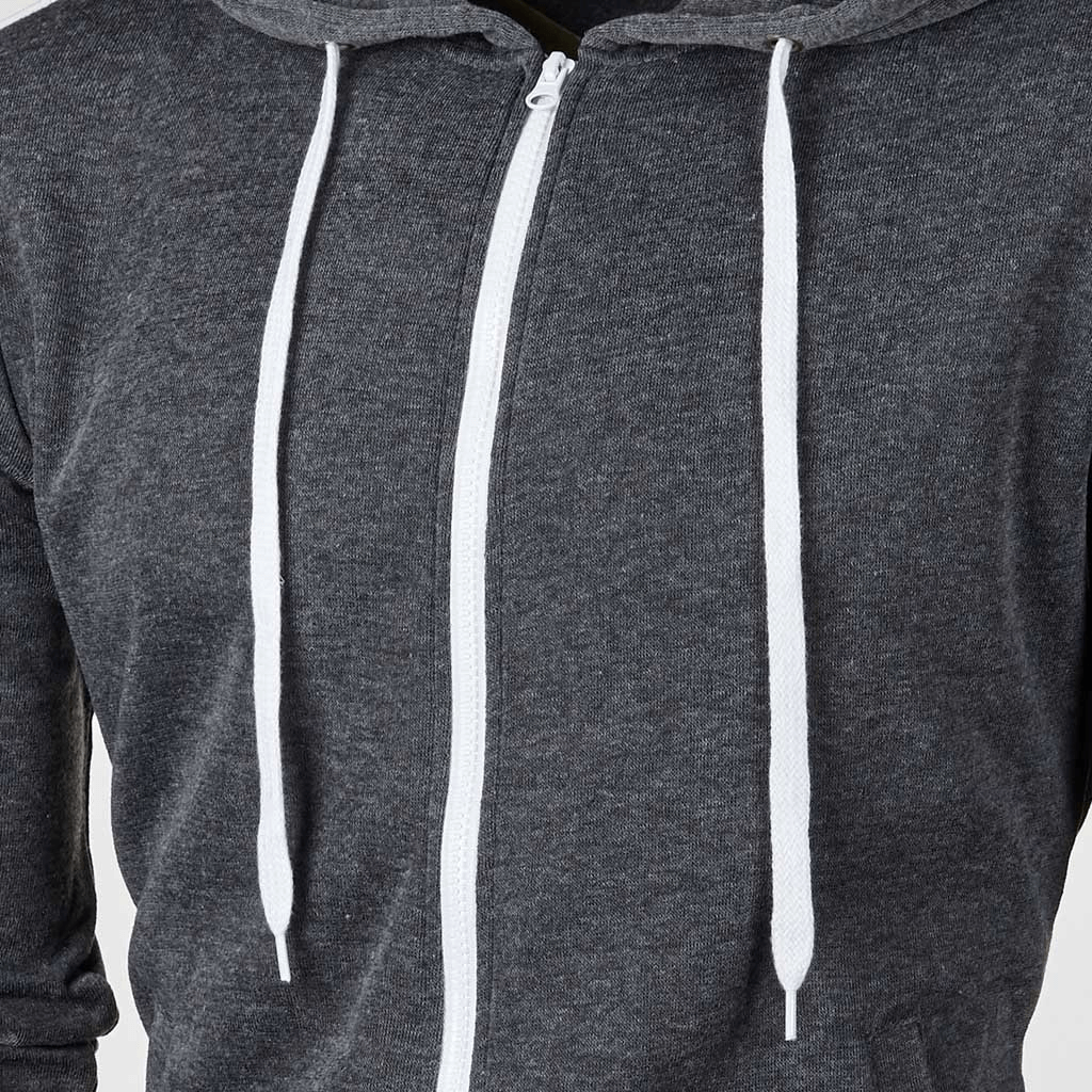 Dark Gray Men's Zipper Sports Casual Hoodie with Striped Sleeves and White Drawstrings - SF1224