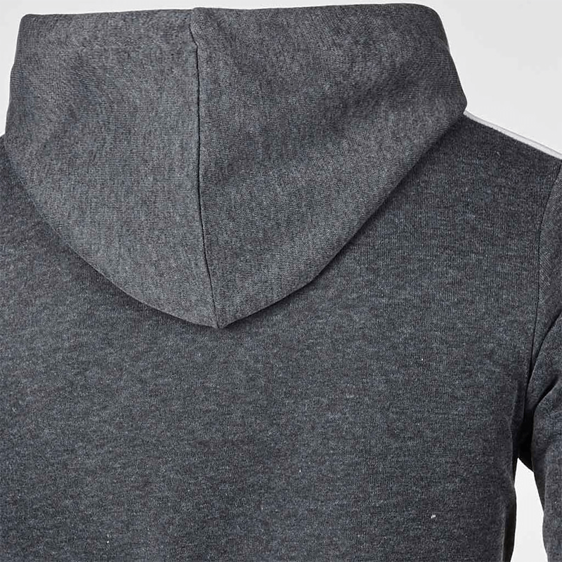 Back view of dark gray men's zipper sports casual hoodie with stylish stripe on sleeves, cotton-poly blend, hooded collar.