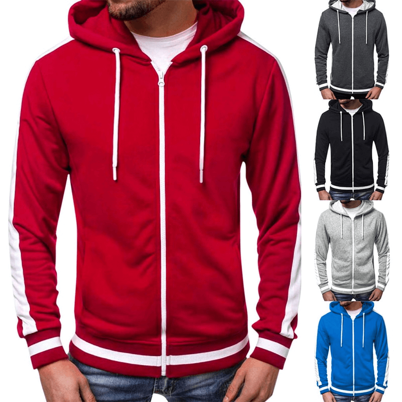 Men's sports hoodie with zipper and striped sleeves in red, black, gray, and blue colors, perfect for casual and workout wear SF1224.