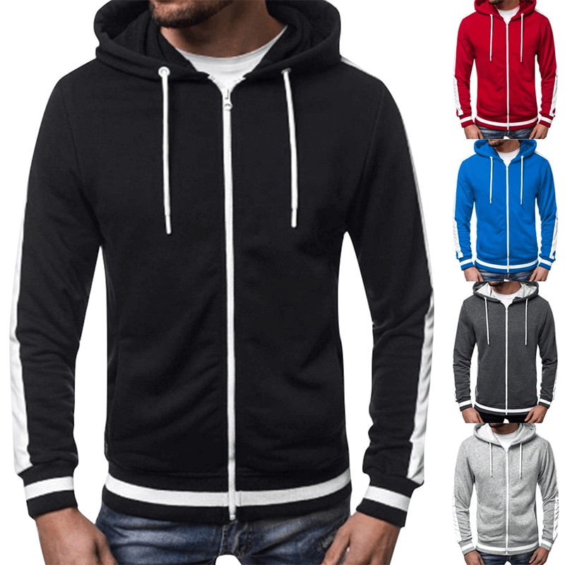 Men's zipper sports casual hoodie SF1224 in black, red, blue, dark gray, and light gray with striped sleeves.
