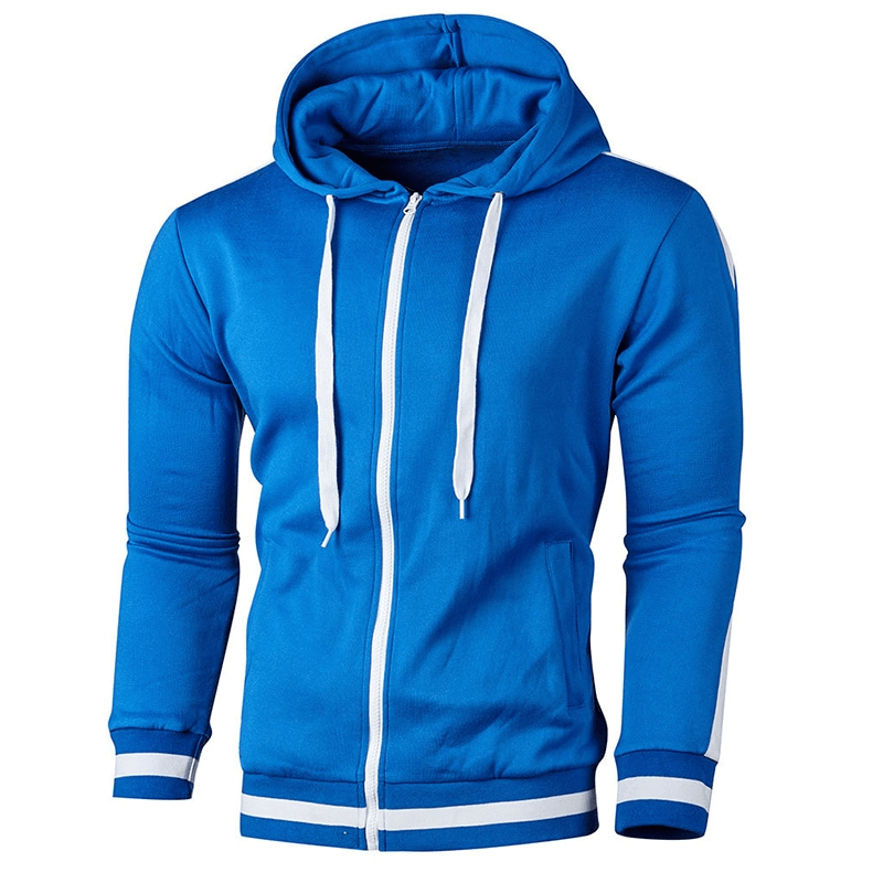Men's Zipper Sports Casual Hoodie in Blue with Striped Sleeves - SF1224