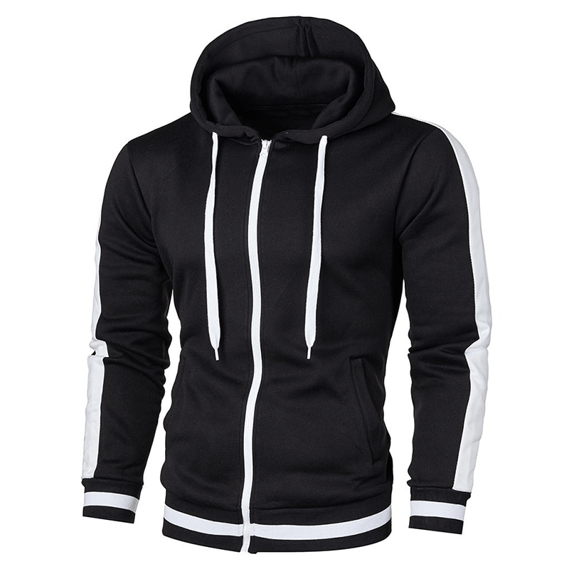 Men's black sports casual hoodie with zipper and white striped sleeves - SF1224