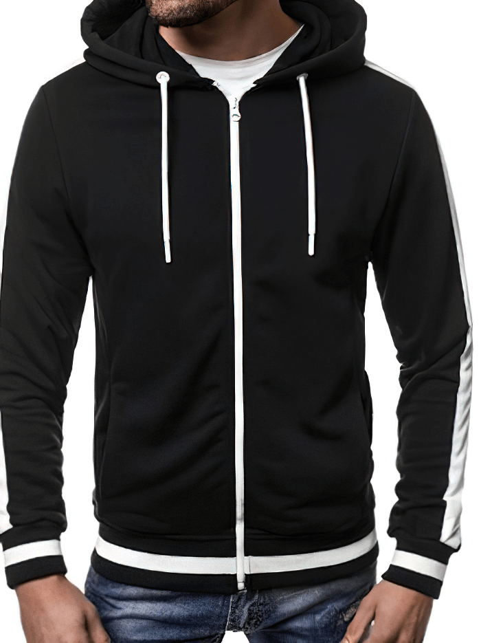 Men's Black Zipper Sports Hoodie with Striped Sleeves, Casual Wear, Cotton-Poly Blend, Stylish and Comfortable for Workouts