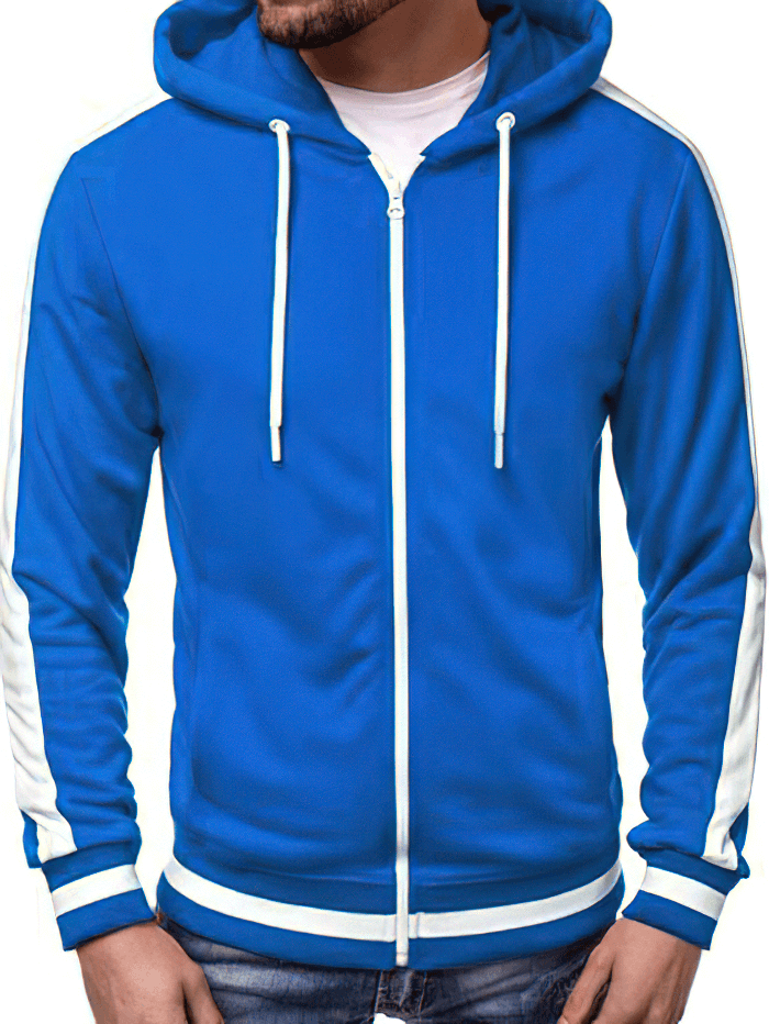 Men's blue sports casual hoodie with white striped sleeves, zipper closure - SF1224.