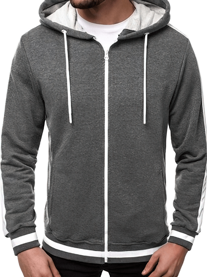 Men's dark gray sports hoodie with zipper and striped sleeves, perfect for casual wear and workouts.