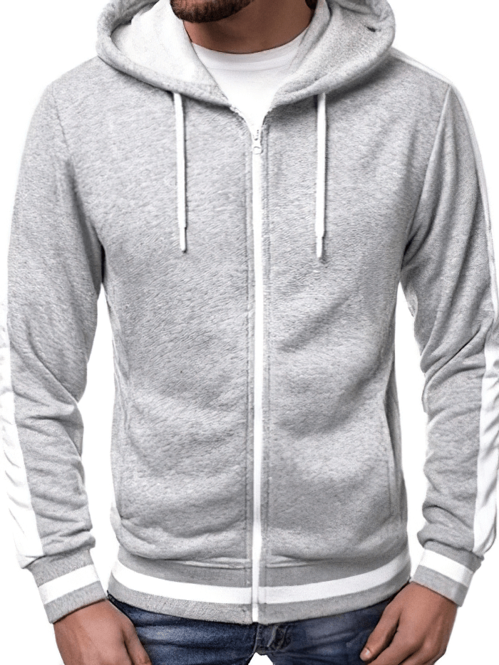 Light gray men's zipper sports hoodie with striped sleeves, perfect for casual and athletic wear.