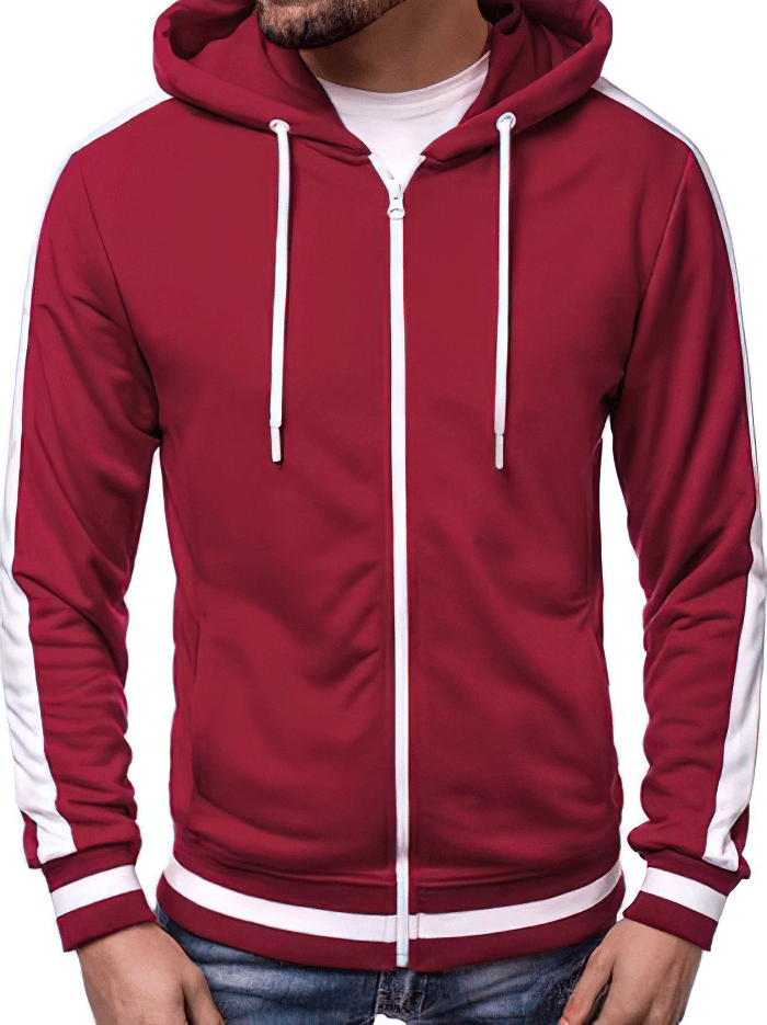 Men's zipper sports casual hoodie with striped sleeves in red, perfect for workouts - SF1224.