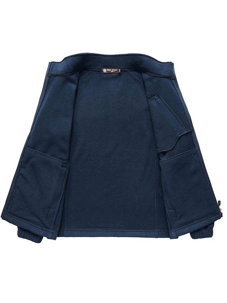 Interior view of Men's Stand Collar Fleece Hiking Jacket SF0685, open to show breathable polyester-spandex lining and solid pattern.