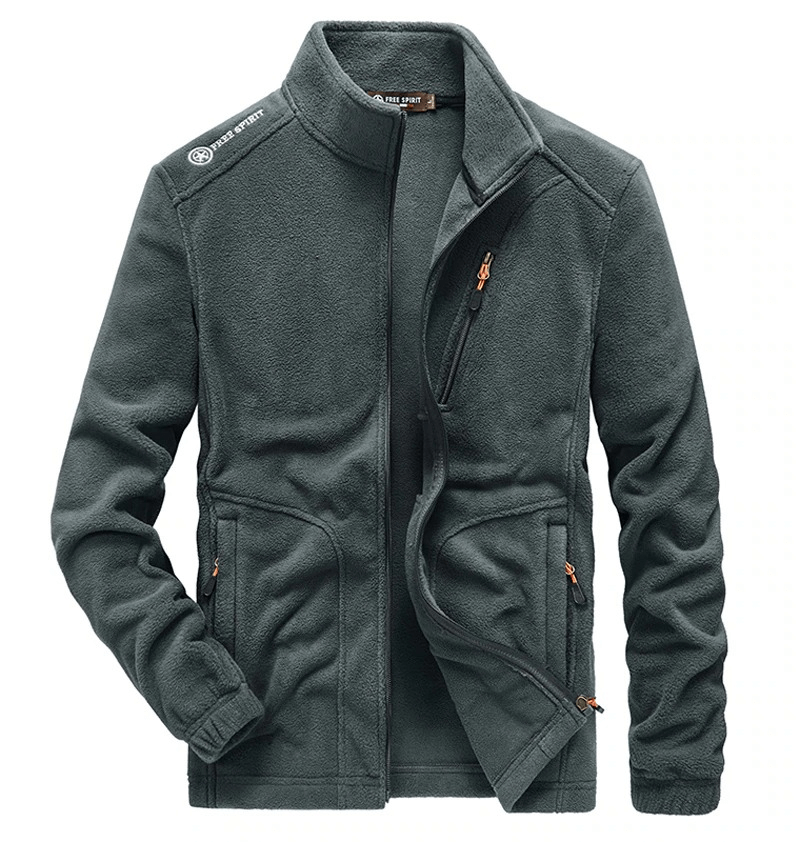 Men's green zipper stand collar fleece jacket, perfect for hiking and cold weather, with breathable fabric and stylish design SF0685