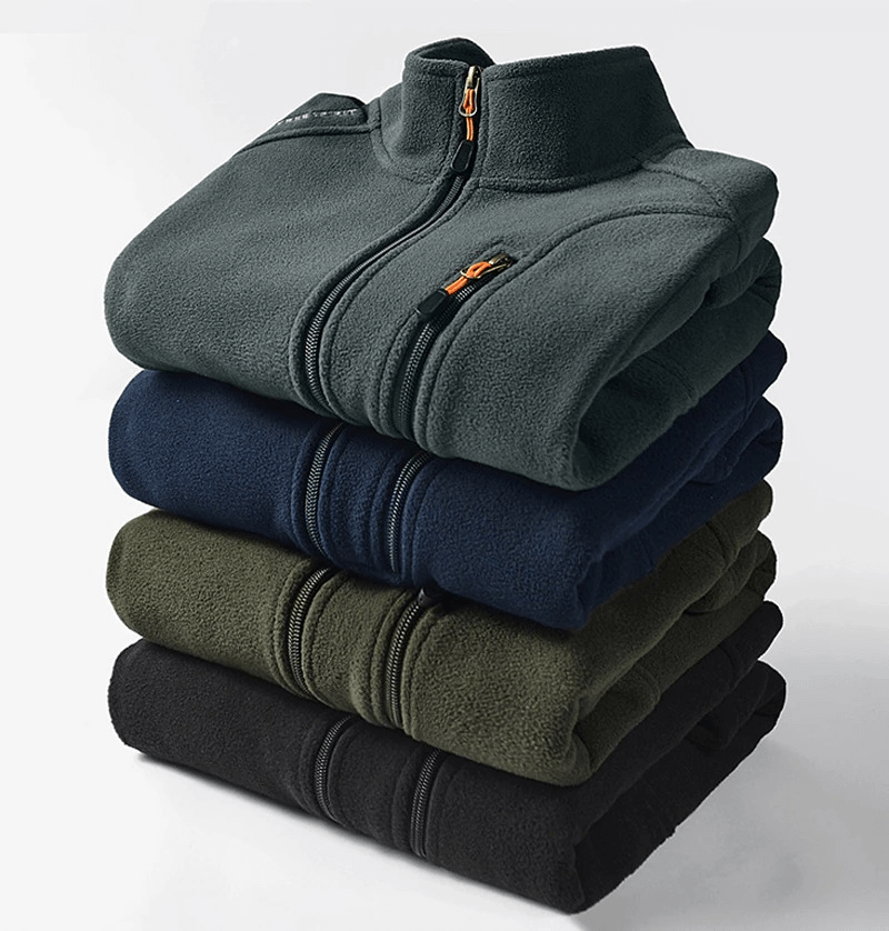 Stack of Men's Zipper Stand Collar Fleece Hiking Jackets in multiple colors, showcasing warm tourism clothing perfect for cold weather.