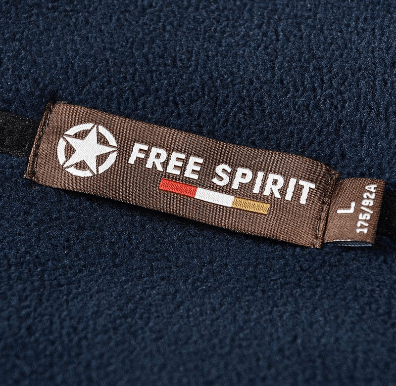 Label on Men's Zipper Stand Collar Fleece Hiking Jacket with 'Free Spirit' text and size L, designed for outdoor warmth and comfort.