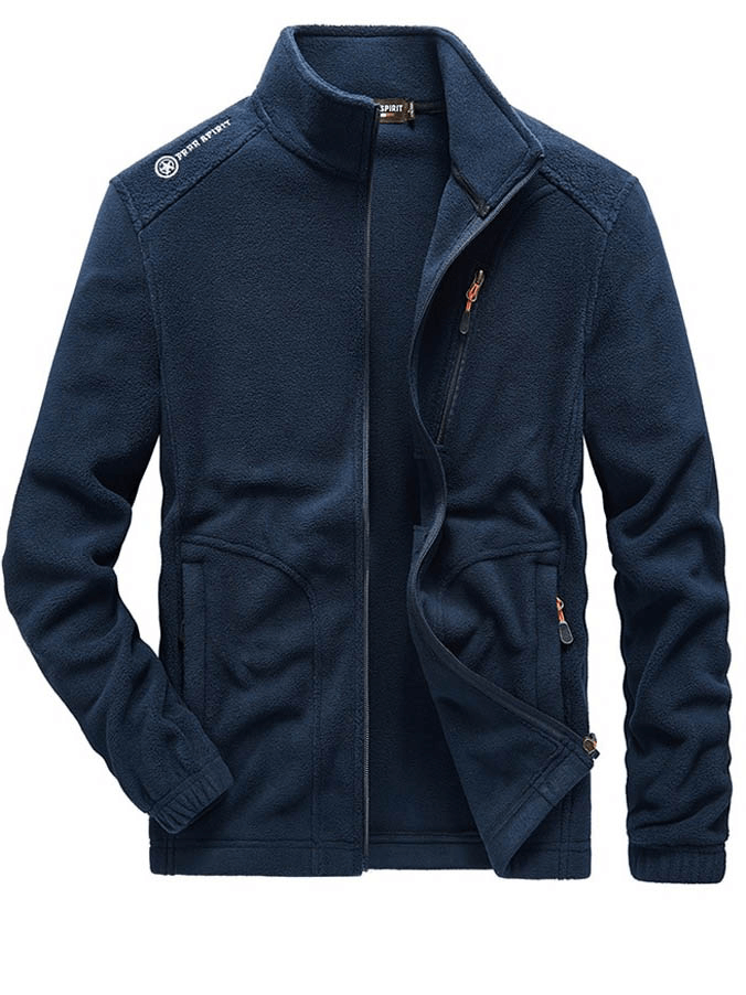 Men's zipper stand collar fleece hiking jacket, warm blue tourism coat SF0685, slim fit, breathable polyester-spandex blend