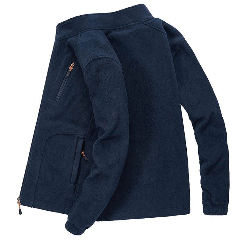 Men's navy blue fleece hiking jacket with zipper and stand collar, ideal outdoor wear for cold weather. Product code SF0685.