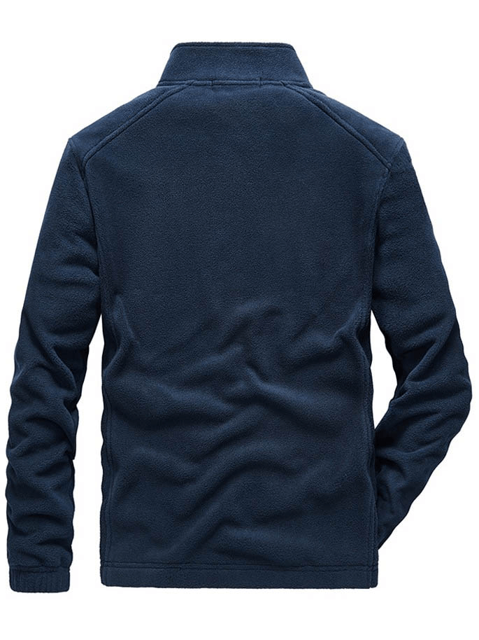 Men's navy fleece hiking jacket with zipper and stand collar, ideal for cold weather and outdoor activities. Model SF0685 back view.