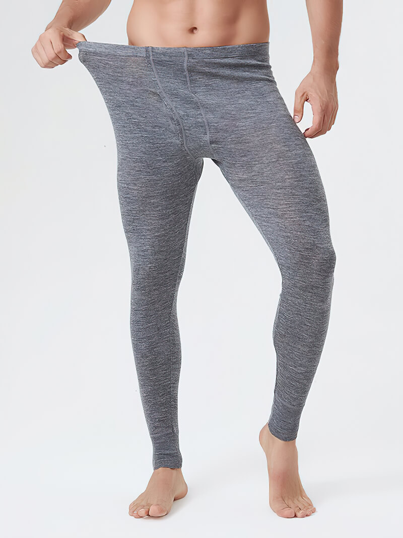 Merino wool thermal base layers for men, showcasing grey male warm underwear, perfect for cold weather insulation and comfort.