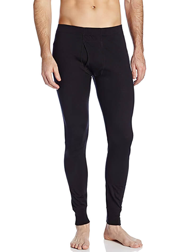 Men's Merino wool thermal base layer pants in black, providing warmth and insulation, ideal for cold weather comfort.