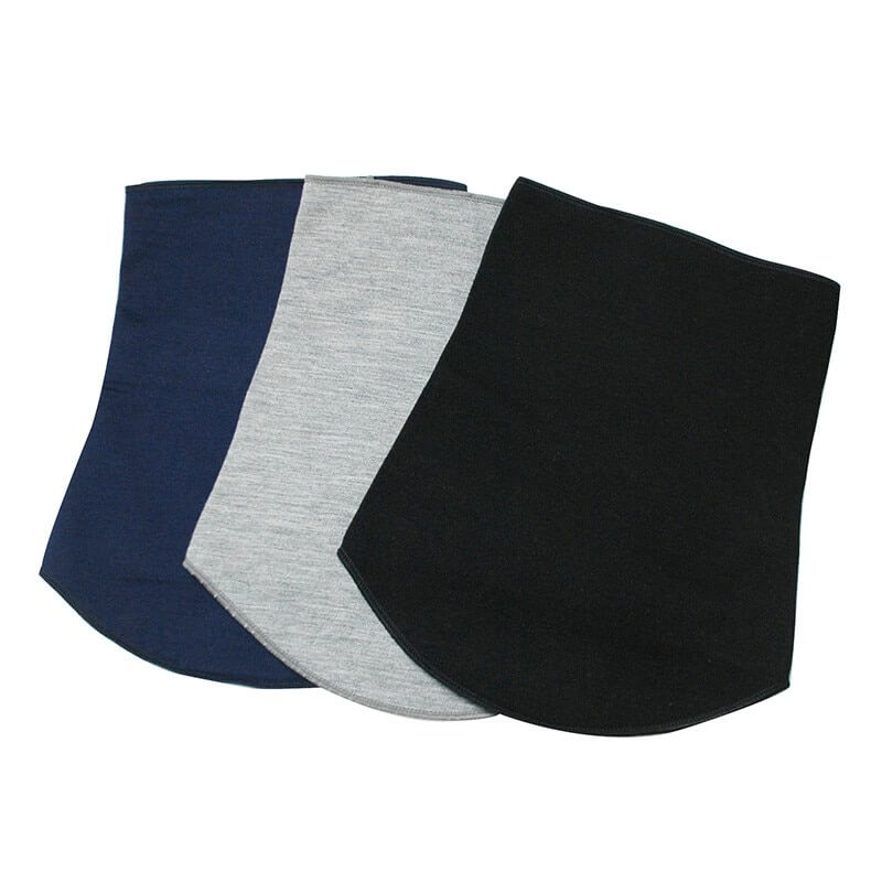 Three Merino wool thermal neck gaiters in blue, grey, and black, perfect for winter warmth and outdoor activities.