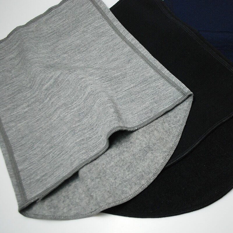 Gray and black Merino wool thermal neck gaiters for winter, featuring geometric patterns and soft texture for men and women.