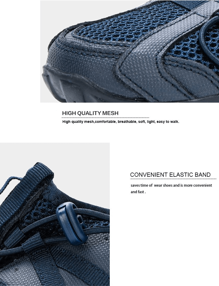 Close-up of breathable mesh and elastic band on lightweight men's sneakers, emphasizing comfort and flexibility.