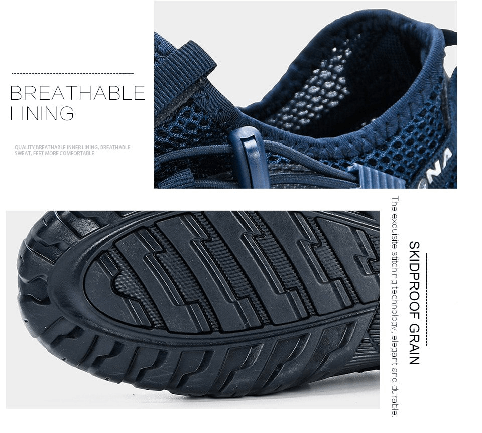 Close-up of breathable mesh lining and skidproof sole on men's sneakers SF0751, showcasing comfort and grip features.