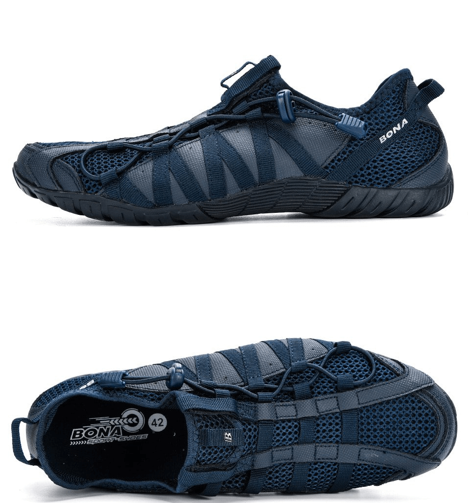 Mesh breathable lightweight men's sneakers with flexible soles, rubber outsole, and EVA insoles in navy blue color, side and top view.