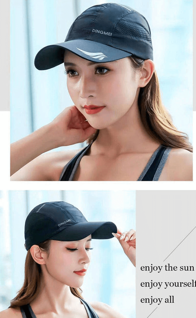 Woman wearing a mesh breathable sports golf hat with adjustable buckle, ideal for sun protection and outdoor activities.