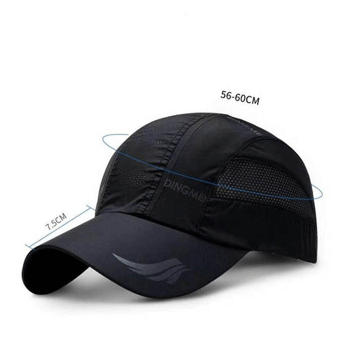 Mesh breathable sports golf hat with adjustable buckle, unisex design, quick-drying polyester in solid black, offers sun protection.