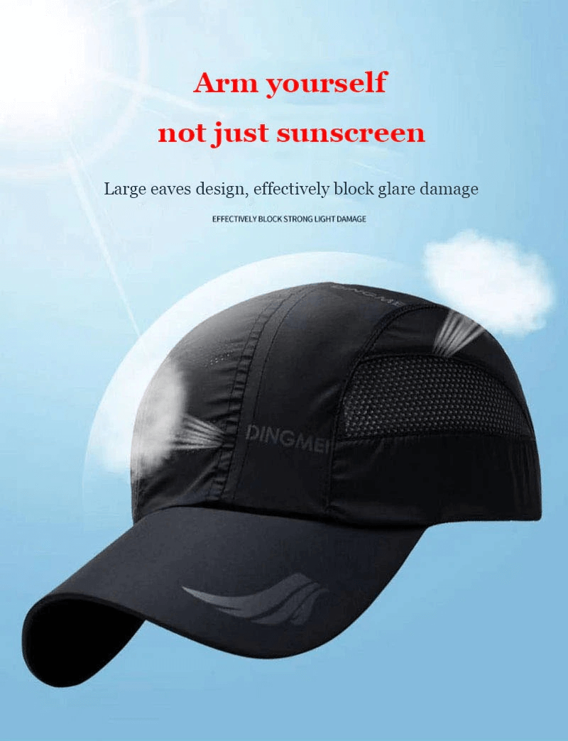 Black mesh breathable sports golf hat with adjustable buckle and sun protection, ideal for outdoor activities. Stylish and functional design.