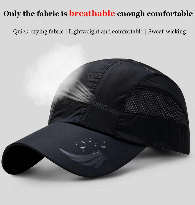 Black mesh breathable sports golf hat with adjustable buckle, showcasing moisture-wicking fabric and quick-drying, sun protection features.