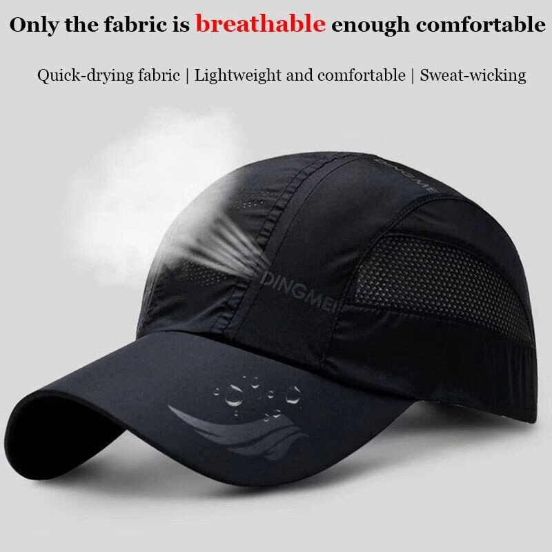 Breathable black mesh sports golf hat with adjustable buckle showcasing moisture-wicking and quick-drying fabric benefits.