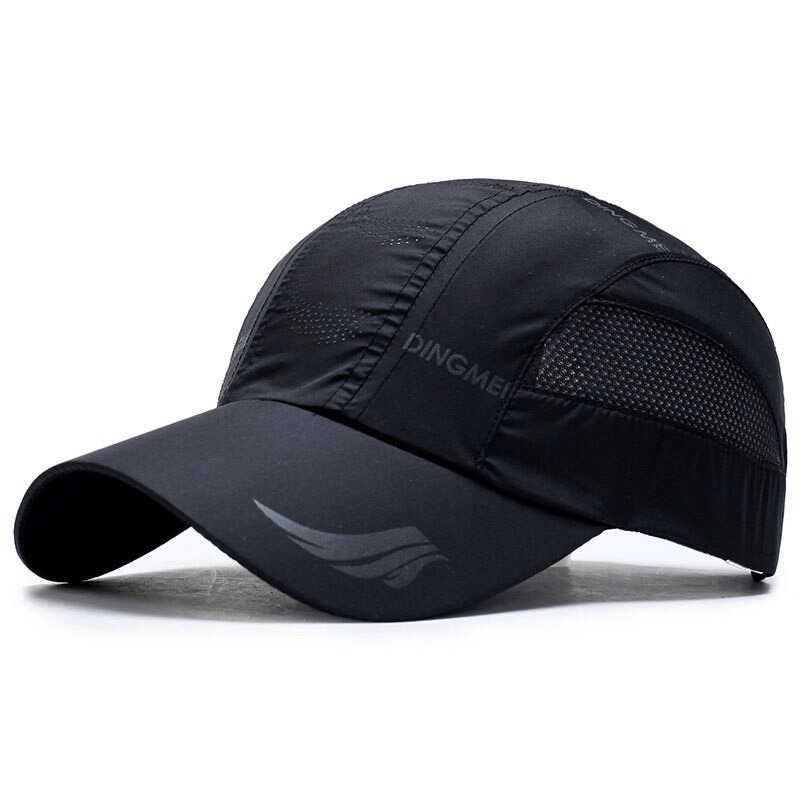 Mesh breathable sports golf hat with adjustable buckle, featuring quick-drying polyester and a sleek black design. Ideal for outdoor activities.