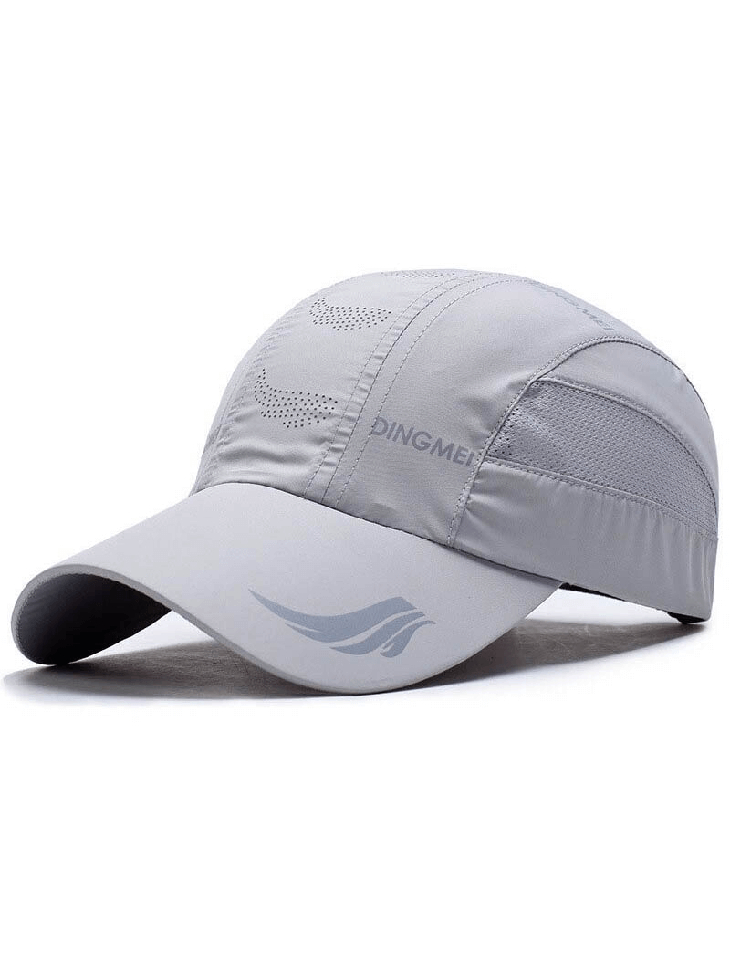 Grey mesh breathable sports golf hat with adjustable buckle and quick-drying material, perfect for outdoor activities.
