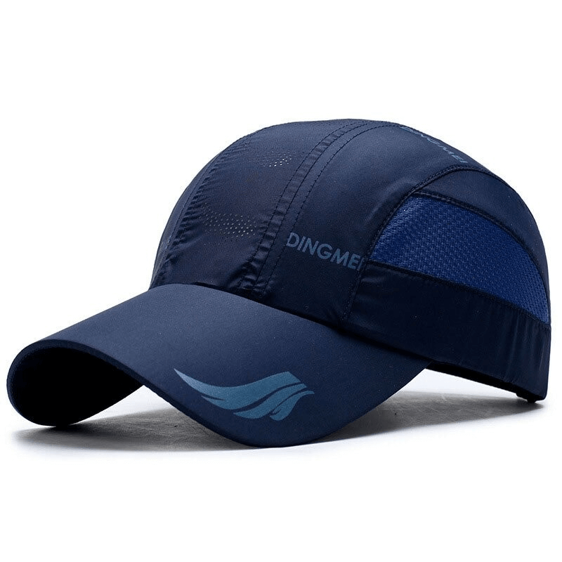 Mesh breathable sports golf hat with adjustable buckle, quick-drying and moisture-wicking design in navy blue, ideal for outdoor activities.