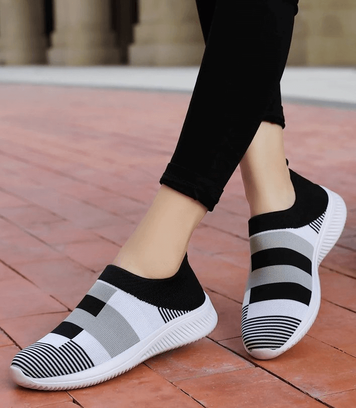 Mesh Breathable Women's Shoes - Stylish Sports Sneakers SF0267, black and white stripes, slip-on, comfortable for casual and active wear