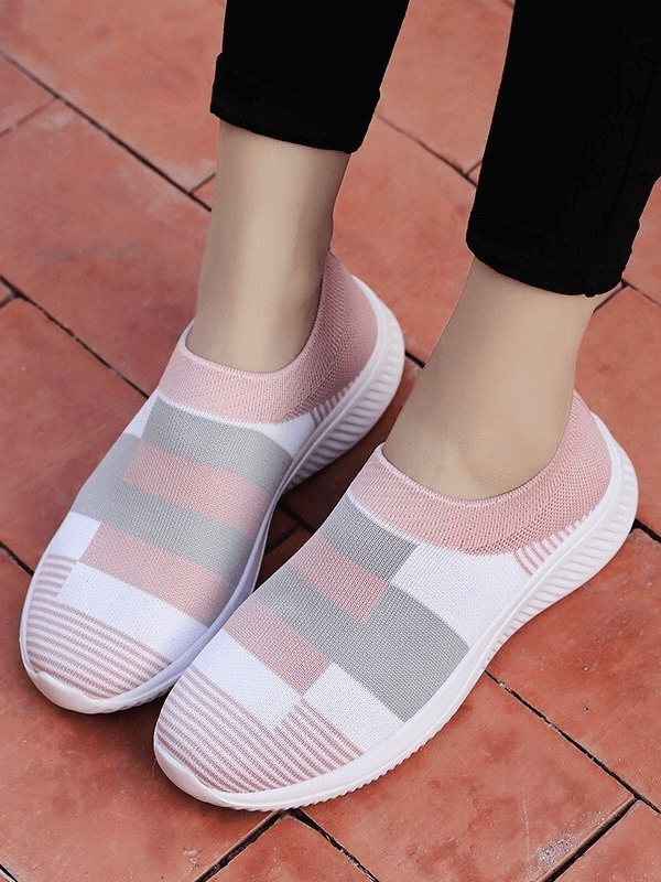 Alt Tag: Stylish women's mesh breathable sneakers with pink and gray stripes, perfect for casual or sports wear. SF0267