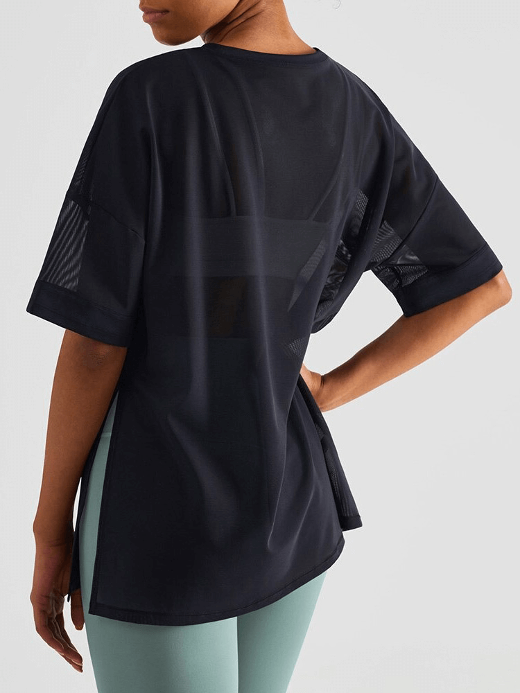 Back view of black mesh casual short sleeve quick drying sports T-shirt for women, perfect for fitness and yoga.
