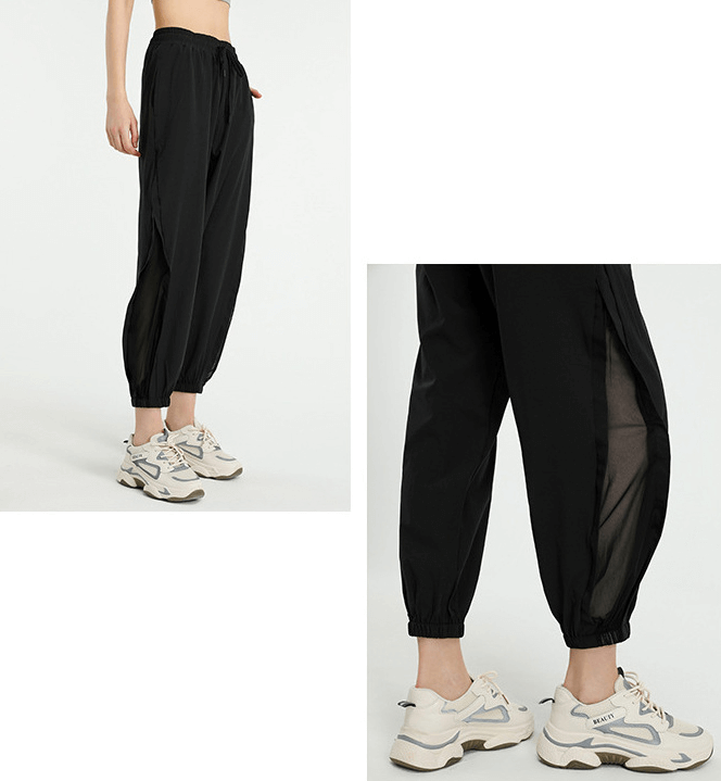 Black mesh drawstring running trousers for women, ankle-length with elastic waistband, ideal for yoga and workouts. SF1165 #SportsPants