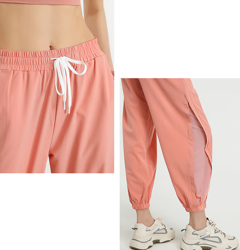 Women's pink mesh drawstring running trousers showcasing elastic waistband and breathable mesh panels, ideal for yoga and sports - SF1165