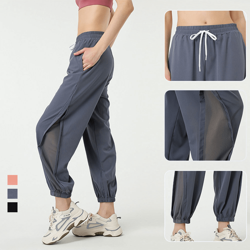 Woman wearing mesh drawstring running trousers, demonstrating flexibility and comfort in sports yoga pants, style SF1165.