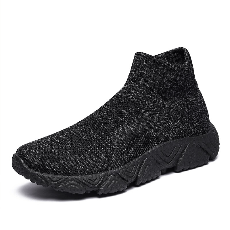 Black unisex mesh elastic breathable sneaker with slip-on style and EVA cushioning.