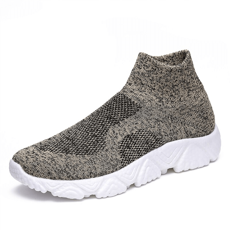 Mesh elastic breathable unisex sneakers in gray with white sole, featuring slip-on design and massage insole, ideal for casual wear.