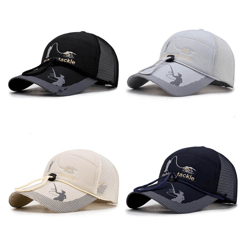 Mesh Fishing Multifunction Cap SF0572 in black, grey, beige, and navy with drawstring adjustable fit for outdoor activities.