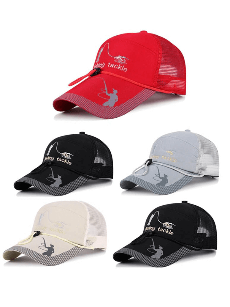 Colorful mesh fishing caps with drawstring adjustment, perfect for outdoor activities, offering sunshade and stylish protection.