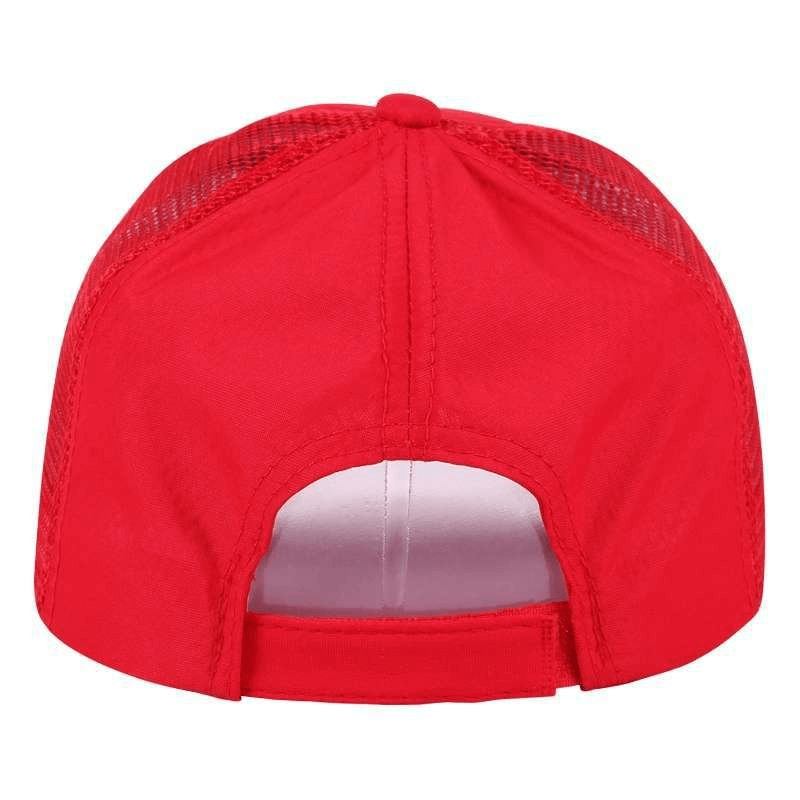 Back view of red mesh fishing cap with adjustable drawstring for a secure fit, perfect for sun protection in outdoor activities.