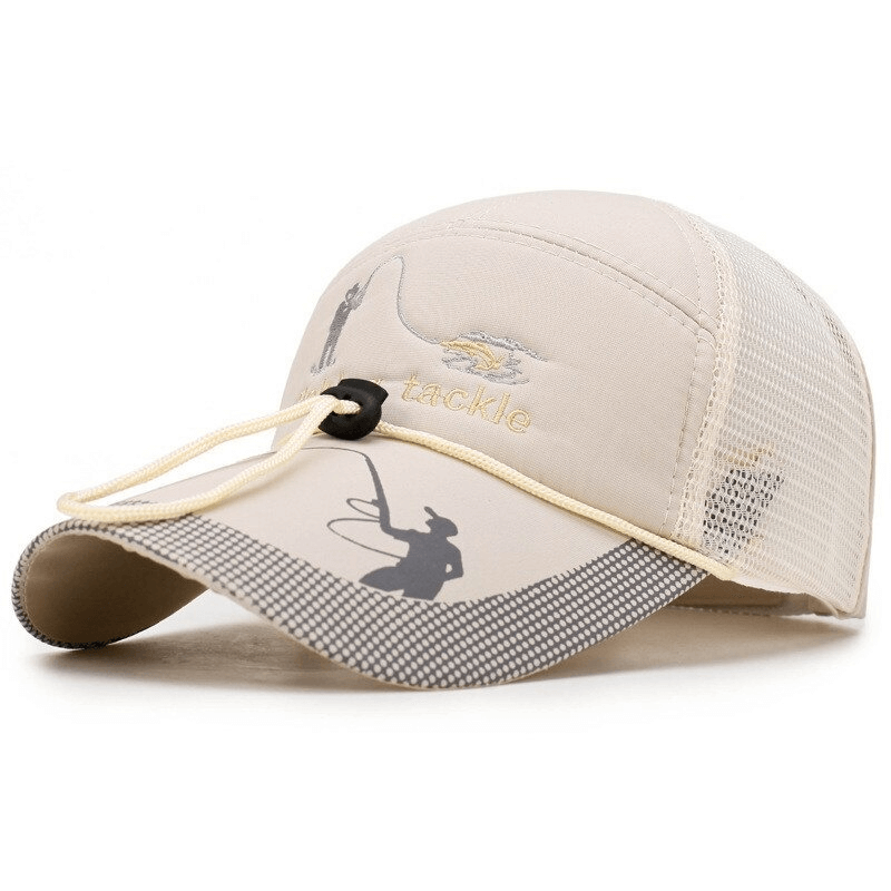 Mesh fishing cap with adjustable drawstring, designed for sunshade protection and style, featuring fishing-themed graphics and polyester fabric.