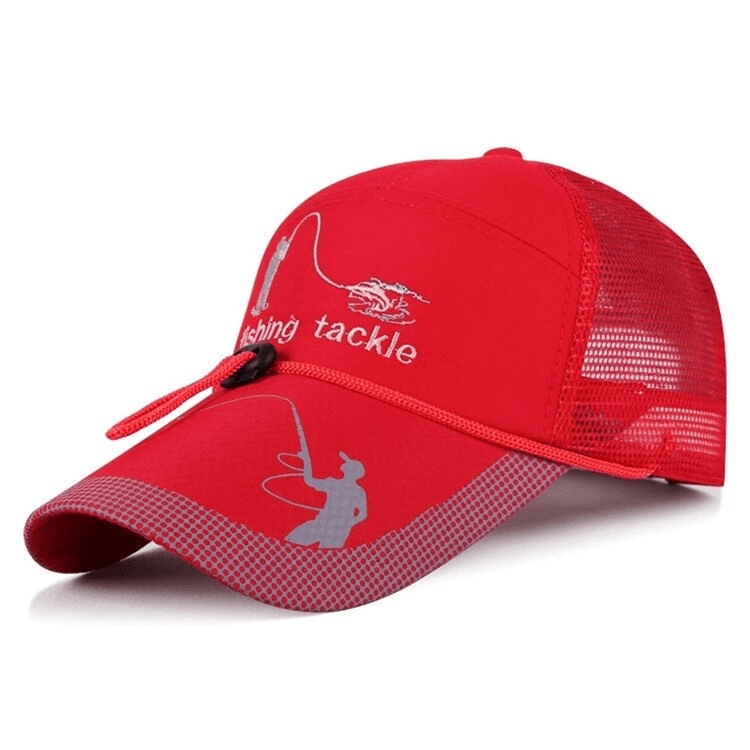 Red mesh fishing cap with fishing tackle design, featuring adjustable drawstring for sunshade protection and outdoor activities.