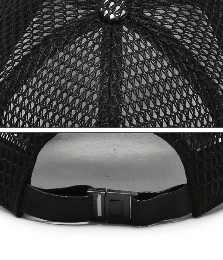 Close-up of black mesh baseball cap with adjustable strap, ideal for sports and outdoor activities, stylish design.