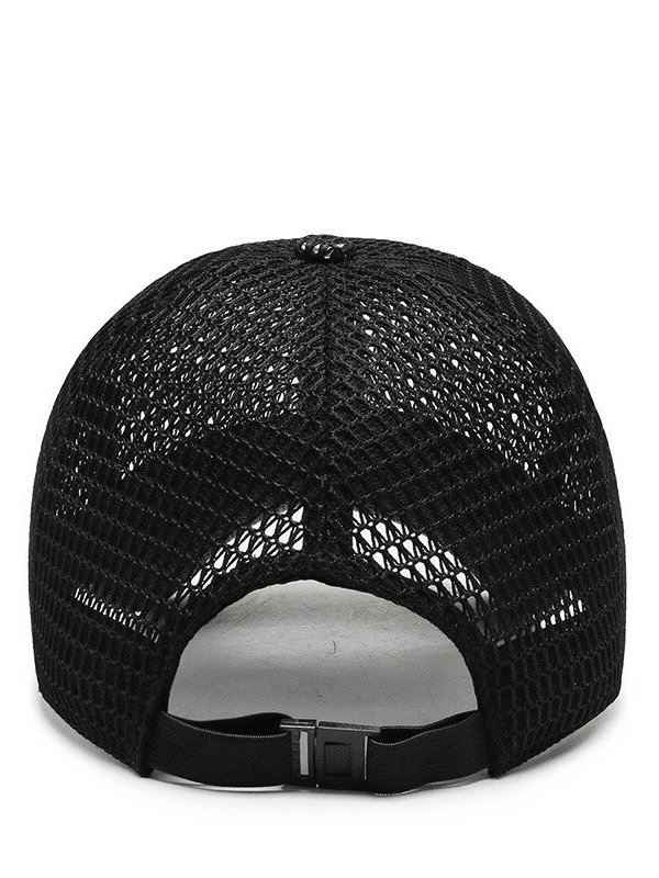 Back view of black mesh stylish men's baseball cap with adjustable strap, perfect for outdoor activities and casual wear.